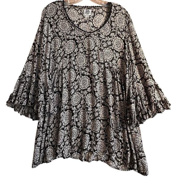 Ivy Jane Black & White Boho Y2K Ruffle Babydoll Retro Tunic Sz M Flutter Sleeves - Picture 6 of 16